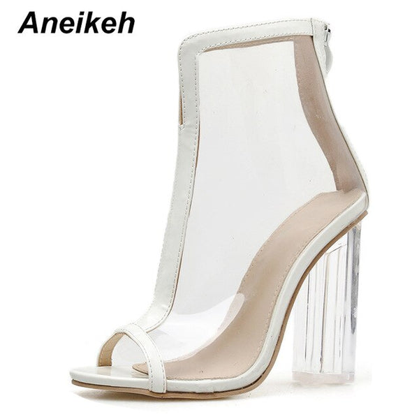 Aneikeh PVC Boots Women Summer Shoes Transparent Peep Toe Plastic Fashion High Heel Sandals Sexy Party Wedding Square Heel Shoe