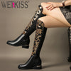 WETKISS Plus Size Luxury Shoes Design Women Bling Gold Sequined Knee High Boots Genuine Leather Stretch Party Autumn Winter Boot