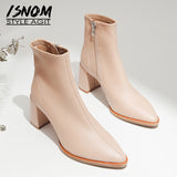 ISNOM Sheepskin Boots Women Ankle Booties Pointed Toe Fashion Shoes Female Zip High Heels Party Shoes Ladies Spring Pink 2020