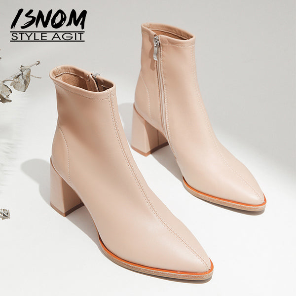 ISNOM Sheepskin Boots Women Ankle Booties Pointed Toe Fashion Shoes Female Zip High Heels Party Shoes Ladies Spring Pink 2020