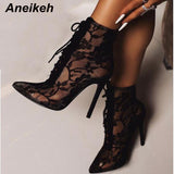 Aneikeh 2019 New Mature Mesh Women Boots Floral Lace-Up Thin High Heels Ankle Pointed Toed Party Wedding Shoes Black Size 35-40