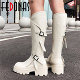 FEDONAS High Quality Genuine Leather Women Knee High Boots Punk Flats Platform Motorcycle Boots Party Shoes Woman Big Size Boots