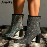 Aneikeh Fashion Bling Crystal Rhinestones Women Boots Square Heels Shoes Sexy Pointed Booties Thick Heel Night Club Party Boots