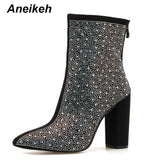 Aneikeh Fashion Bling Crystal Rhinestones Women Boots Square Heels Shoes Sexy Pointed Booties Thick Heel Night Club Party Boots