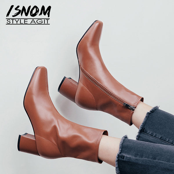 ISNOM High Heels Boots Women Cow Leather Ankle Boot Square Toe Shoes Female Fashion Party Zip Shoes Ladies Spring 2020 New