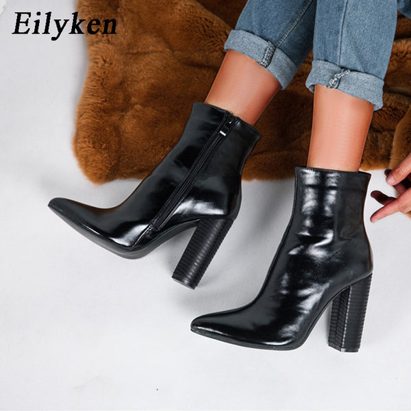 Eilyken Women PU Leather Ankle Boots Thick Heels Pointed Toe Night Club Party Shoes Woman Basic Boots Office Pumps size 41 42