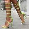 EilyKen New Fashion Green Serpentine High Heels Open-Toed Boots Sandals Pumps Zipper Party Women Boots Shoes