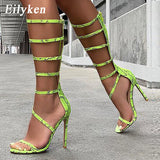 EilyKen New Fashion Green Serpentine High Heels Open-Toed Boots Sandals Pumps Zipper Party Women Boots Shoes