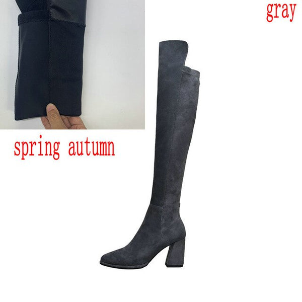 Sexy over the knee high boots woman suede leather thick high heels women boots autumn winter black gray party shoes woman