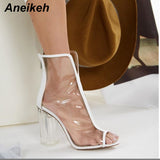 Aneikeh PVC Boots Women Summer Shoes Transparent Peep Toe Plastic Fashion High Heel Sandals Sexy  Party Wedding Square Heel Shoe