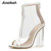 Aneikeh PVC Boots Women Summer Shoes Transparent Peep Toe Plastic Fashion High Heel Sandals Sexy  Party Wedding Square Heel Shoe