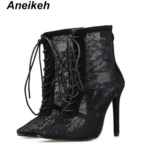 Aneikeh 2019 New Mature Mesh Women Boots Floral Lace-Up Thin High Heels Ankle Pointed Toed Party Wedding Shoes Black Size 35-40