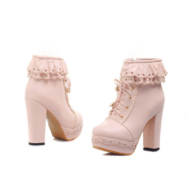 Lolita Lace Boots Women Elegant Japanese Style Sweetness Temperament Party Perform Cosplay Pure Color Frenulum High-heeled Shoes