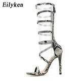 EilyKen New Fashion Green Serpentine High Heels Open-Toed Boots Sandals Pumps Zipper Party Women Boots Shoes