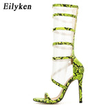 EilyKen New Fashion Green Serpentine High Heels Open-Toed Boots Sandals Pumps Zipper Party Women Boots Shoes