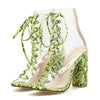 Clear PVC Women Pumps Sandals Chunky Heels Lace Up Pumps Mujer Ladies Snkake Print Summer Boots Party Women Pumps Green Zapatos