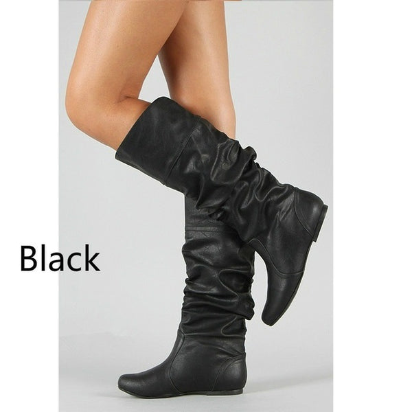 Women Spring Autumn Flat Long Pu Soft Leather Motorcycle Boot Shoes Lady Party Design Wedge Boots Shoes Plus Size 35-43