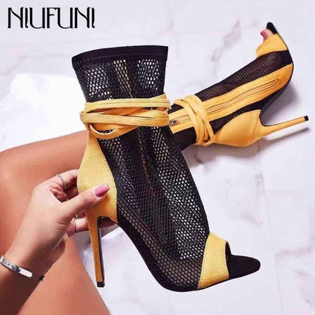 Aneikeh New Spring Crystal Mesh Boots Women PVC High Heels Shoes Thin Heels Pumps Sexy Ladies Party Wedding Sandals Boot Size 42