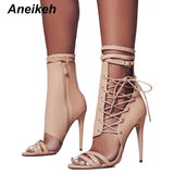 Aneikeh Roman Buckle Strap Shoes Women Sandals Sexy Gladiator Lace Up Peep Toe Sandals High Heels Woman Ankle Boots Black Aprict