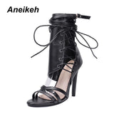 Aneikeh Roman Buckle Strap Shoes Women Sandals Sexy Gladiator Lace Up Peep Toe Sandals High Heels Woman Ankle Boots Black Aprict