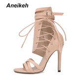 Aneikeh Roman Buckle Strap Shoes Women Sandals Sexy Gladiator Lace Up Peep Toe Sandals High Heels Woman Ankle Boots Black Aprict