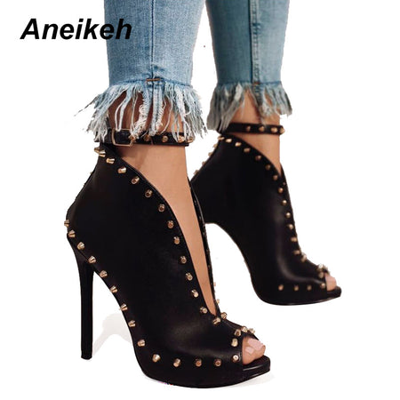 GBHHYNLH Women Autumn Motorcycle Ankle Boots Sexy High Heels Platform Boots Round Head PU Leather Booties Party shoes LJA480