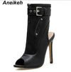 Aneikeh 2019 PU Summer Ankle Boots High Heels Women Shoes Peep Toe Sexy Lady Chelsea Boots Party Thin Heeled Shoes Size 35-40