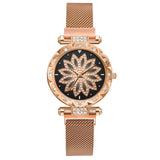 Top Brand Women Mesh Magnet Buckle Lucky Flower Watch Luxury Ladies Geometric Surface Quartz Watch Relogio Feminino