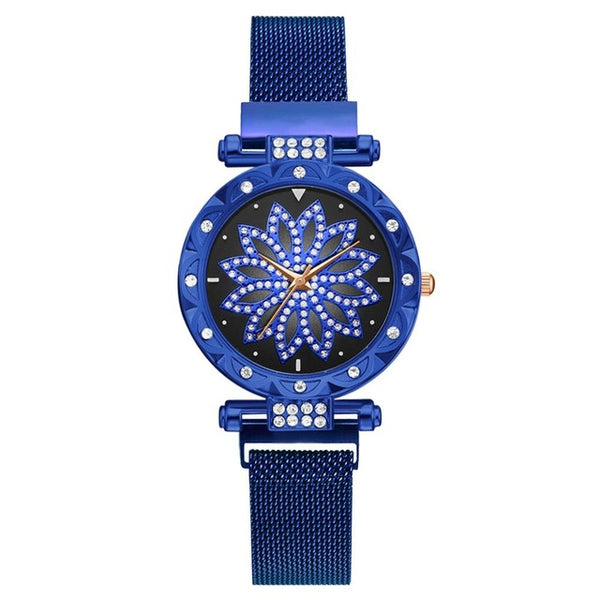 Top Brand Women Mesh Magnet Buckle Lucky Flower Watch Luxury Ladies Geometric Surface Quartz Watch Relogio Feminino