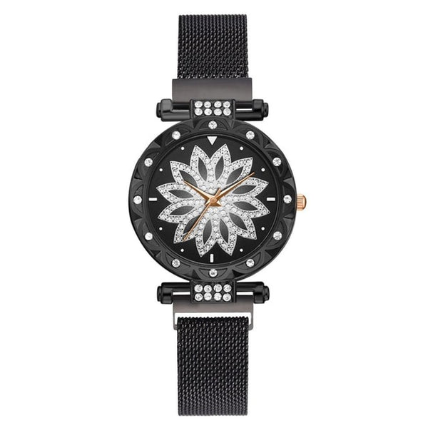 Top Brand Women Mesh Magnet Buckle Lucky Flower Watch Luxury Ladies Geometric Surface Quartz Watch Relogio Feminino