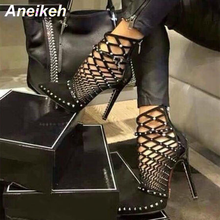 NIUFUNI Sexy Women's HIgh Heels Peep Toe Ankle Boots Fashion Laces Hollow Stiletto Sandals Boots Party Club Shoes Woman Size 42