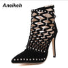 Aneikeh Gladiator Roman Sandals Summer Rivets Studded Cut Out Caged Ankle Boots Stiletto High Heel Women Sexy Shoes Party Bootie