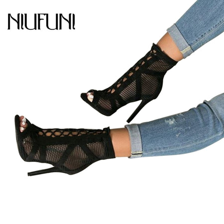 Aneikeh New Spring Crystal Mesh Boots Women PVC High Heels Shoes Thin Heels Pumps Sexy Ladies Party Wedding Sandals Boot Size 42