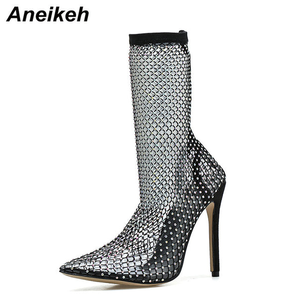 Aneikeh New Spring Crystal Mesh Boots Women PVC High Heels Shoes Thin Heels Pumps Sexy Ladies Party Wedding Sandals Boot Size 42