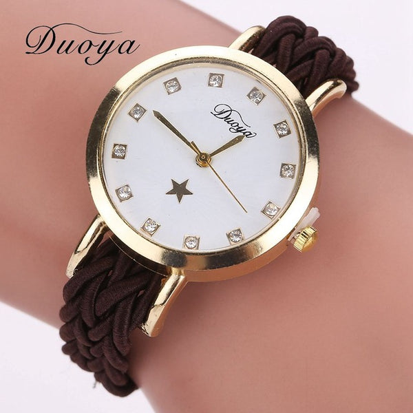 Drop Shipping Fashion Women Gold Braided Leather Wrist Watch For Women Ladies Star Crystal Luxury Crystal Quartz Watch Clock