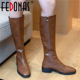 FEDONAS Concise Genuine Leather High Heels Women Vintage Knee High Boots Party Prom Shoes Woman Winter Side Zipper Long Boots