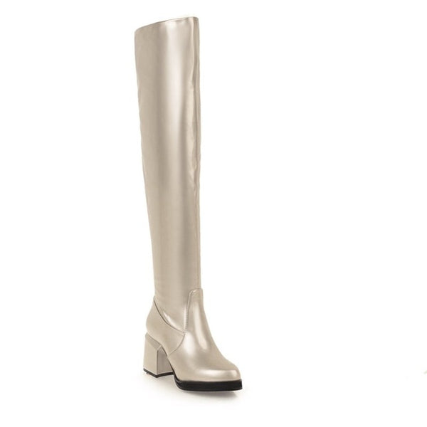 MStacchi Classic Thick Heels Round Toe Long Boots Women Silver Patent Leather Knee High Botas Mujer Winter Warm Party Shoe Woman