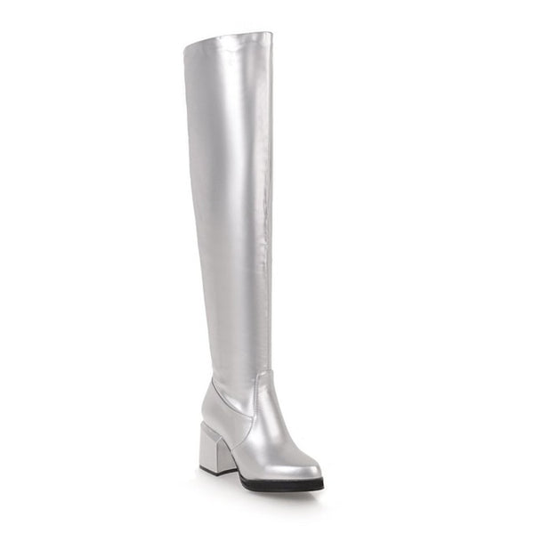 MStacchi Classic Thick Heels Round Toe Long Boots Women Silver Patent Leather Knee High Botas Mujer Winter Warm Party Shoe Woman