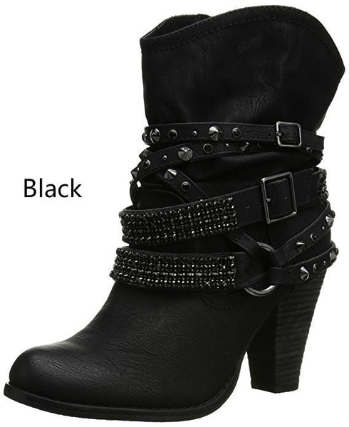 XingDeng Women Buckle Spring Rivets Ankle Wertern Boots Shoes Lady Sexy Party Motorcycle High Heels Boots Shoes Plus Size 34-43