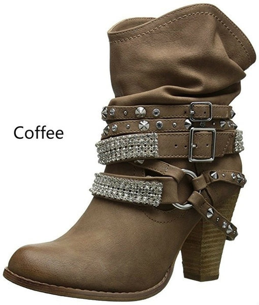 XingDeng Women Buckle Spring Rivets Ankle Wertern Boots Shoes Lady Sexy Party Motorcycle High Heels Boots Shoes Plus Size 34-43