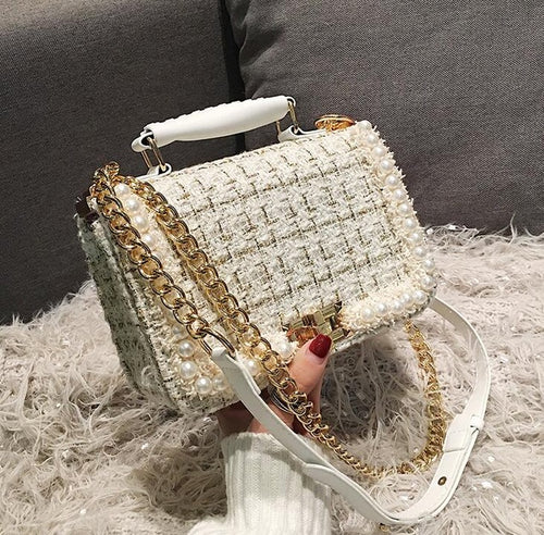 2020 Fashion New Female Square Tote bag Quality Woolen Pearl Women's Designer Handbag Ladies Chain Shoulder Crossbody Bag Travel