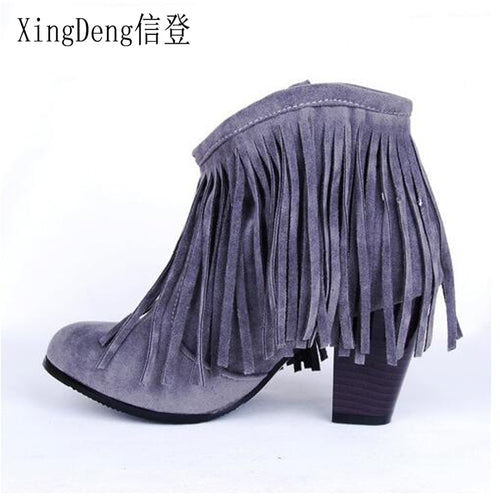 XingDeng Women Spring Summer Tassels Ankle High Heels Snow Boots Shoes Ladies Party Flock Motorcycle Boots Big Size 34-43