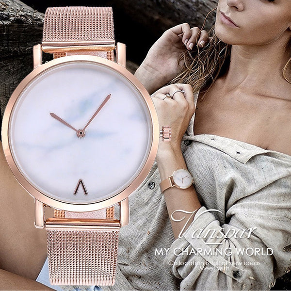 Vansvar Brand Creative Mesh Band Marble Quartz Watch Casual Women Stainless Steel Wristwatches Relogio Feminino Drop Shipping