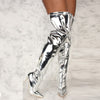 Women Boots Mirror Platform Pointy Toe Punk High Thin Heels Over The Knee Long Boots Autumn Winter Zip Silver Casual Party Shoes