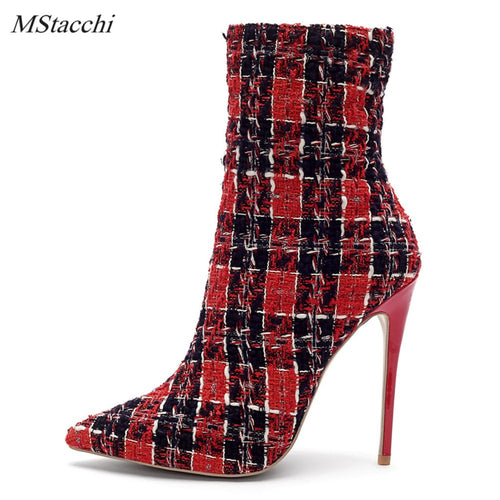 Mstacchi 2018 Women Stiletto Heels Plaid Boots Zipper Side Ankle Boots Scotland Pointed Toe Footwear Party Fashion Female Shoes