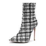 Mstacchi 2018 Women Stiletto Heels Plaid Boots Zipper Side Ankle Boots Scotland Pointed Toe Footwear Party Fashion Female Shoes