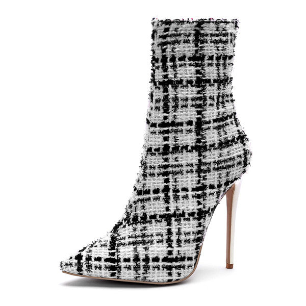 Mstacchi 2018 Women Stiletto Heels Plaid Boots Zipper Side Ankle Boots Scotland Pointed Toe Footwear Party Fashion Female Shoes