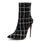 Mstacchi 2018 Women Stiletto Heels Plaid Boots Zipper Side Ankle Boots Scotland Pointed Toe Footwear Party Fashion Female Shoes