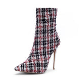 Mstacchi 2018 Women Stiletto Heels Plaid Boots Zipper Side Ankle Boots Scotland Pointed Toe Footwear Party Fashion Female Shoes